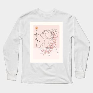 Pretty Girl Line Art Pink Pastel Long Sleeve T-Shirt